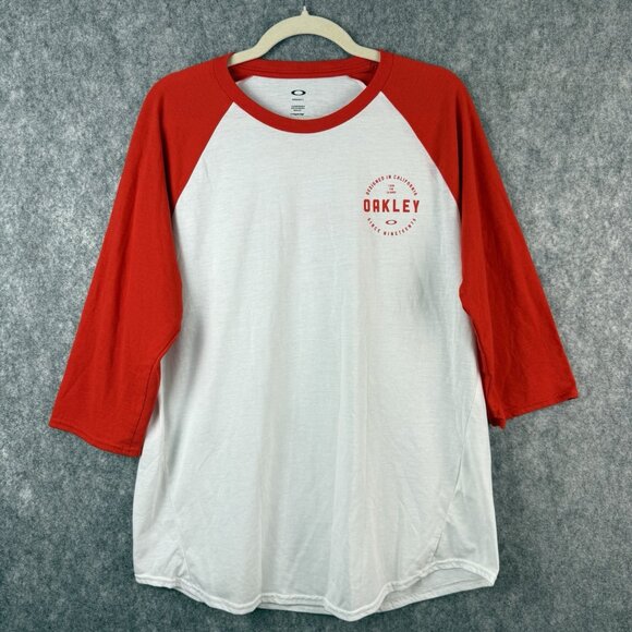 Oakley Men’s Raglan Baseball T-Shirt Size L Red Orange White 3/4 Sleeve Logo - Picture 1 of 10